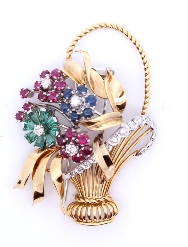 Estate 18 Karat Yellow And White Gold Diamond  Ruby  Blue Sapphire  And Emerald Flower Basket Pin